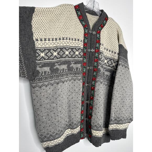 Vintage Nordic Wool Cardigan Sweater Gray Fair Isle Reindeer Pattern XL - Picture 12 of 12